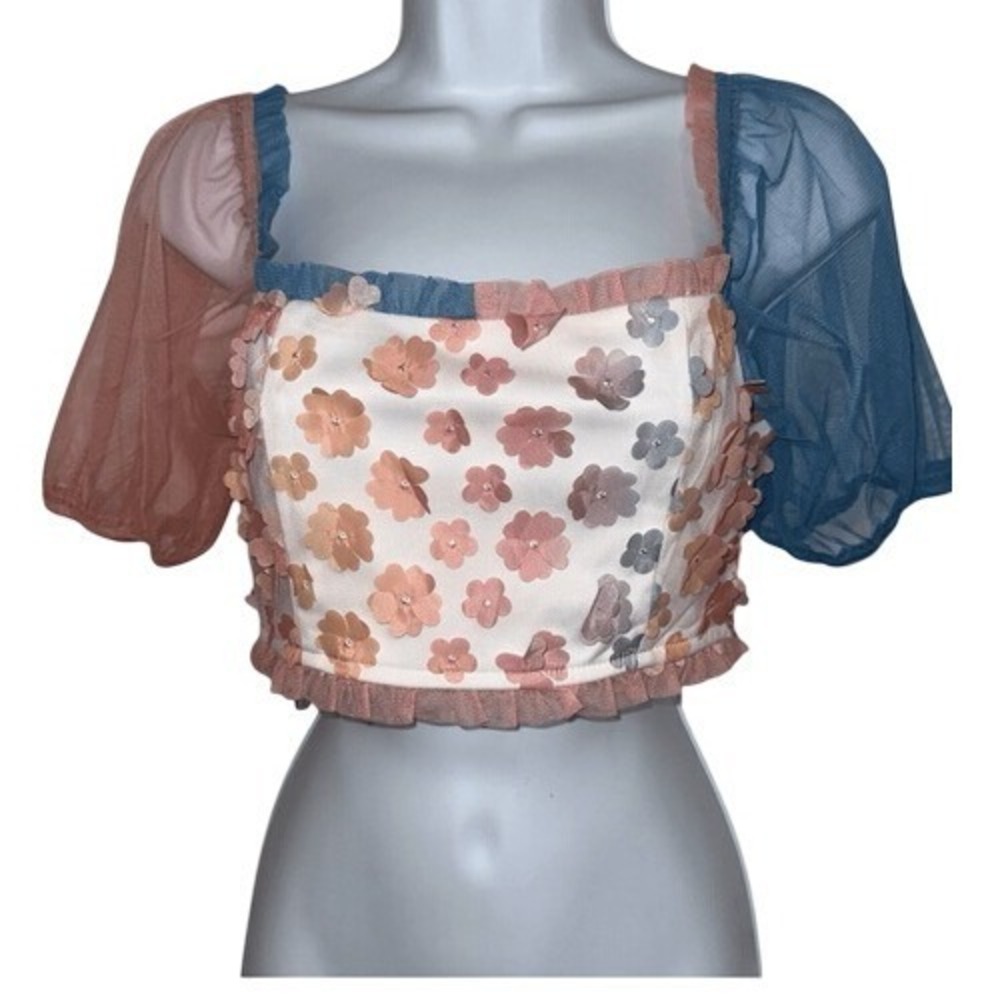 STORIA Mesh Tinkerbell Crop Top Daisy Appliques NWOT Size Small‎ - Picture 2 of 9